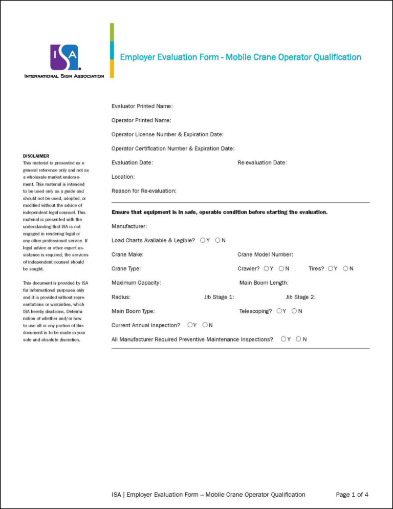 Employer Evaluation Form - Mobile Crane Operator Qualification